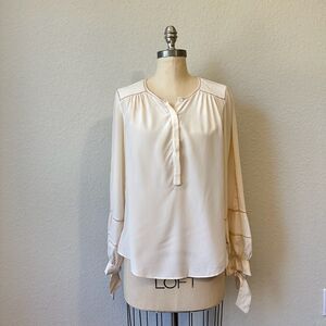 REBECCA TAYLOR Silk Sheer Long Sleeve Blouse Henley in Cream